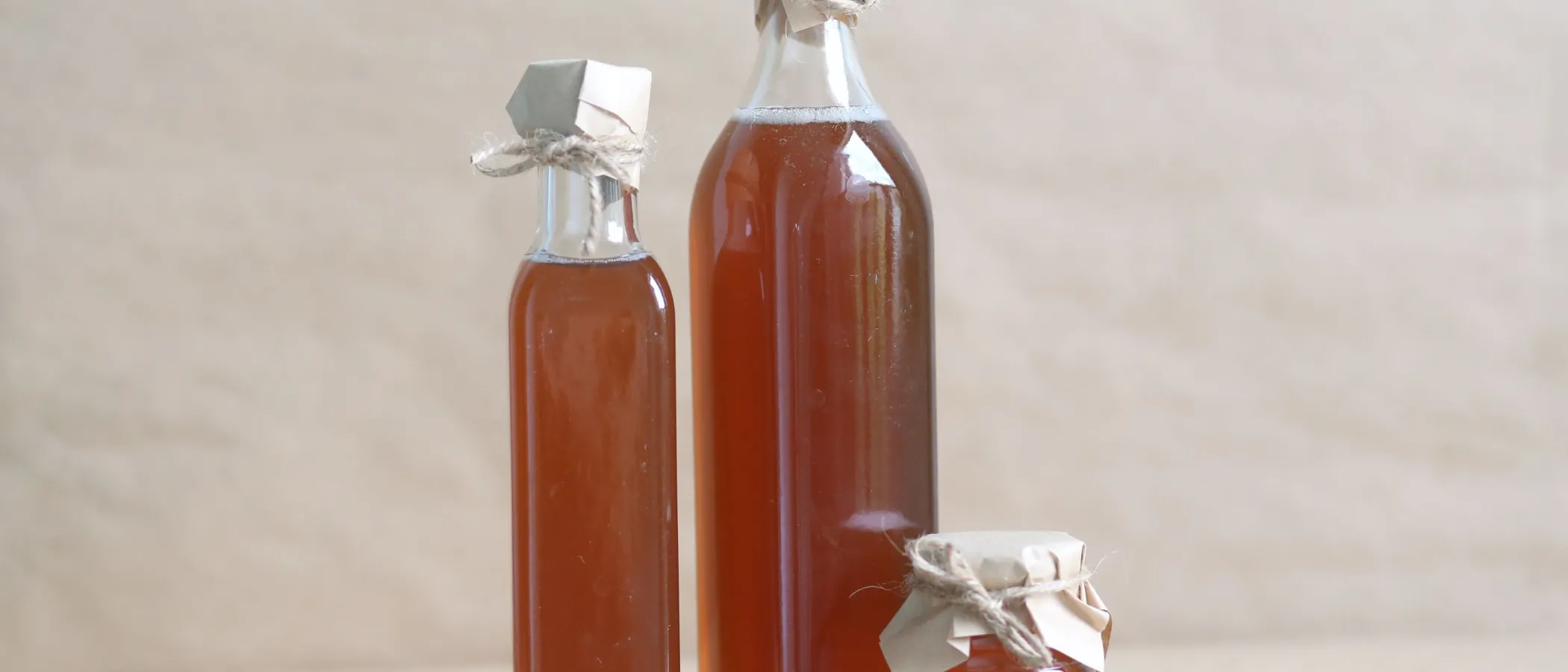 Still life composition of glass bottles and a jar filled with honey, emphasizing rustic charm.